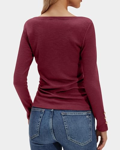 Stelle Women's Long Sleeve Henley T Shirts Button Ribbed Knit Loose Fit Basic Tops 2026 Fall Fashion Outfits Burgundy Large — view 5