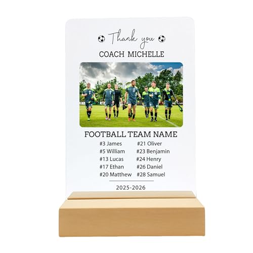 GuteGifts Custom Football Team Photo Plaque - Personalised Thank You Coach Gift with Players Names - 3mm Acrylic Block Desk Decor for Manager - End of Season Sports Souvenir