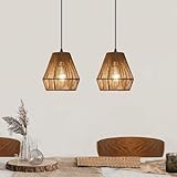 WBinDX 2 Pack Woven Rattan Pendant Light Fixture, 7'' Boho Pendant Lights Kitchen Island Set of 2 Farmhouse Hanging Mini Pendant Lighting with Hand-Woven Cage Shade for Bedroom Foyer Bar Hallway