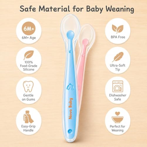 Image of Novo Baby Silicone Spoon for Baby | Set of 2 Feeding Spoons with Ultra-Soft 100% Food-Grade Silicone Tips, BPA-Free Utensils for Baby Weaning, Ideal for Infants 4M+ (Pink & Blue)