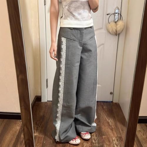 Grey Lounge Pants Loose Straight Leg Pants Hight Waist Lace Trim Pants Casual Streetwear Y2K Sexy Style2