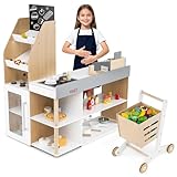 HONEY JOY Kids Grocery Store Playset, Wooden Grocery Store Pretend Play w/Cart, Cash Register Stand w/Coins, Chalkboard, Toddler Supermarket Play Toy for Boys Girls(Play Food Not Included)