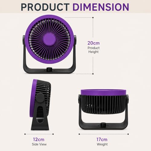 Image of One94Store Mini USB Rechargeable Table Fan with LED Light, 2200 mAh Portable Desk Fan, 5 Speed 3 Blade Plastic Fan with On /Off Switch, Up to 8 Hrs Runtime for Home, Office & Bedroom (Purple)