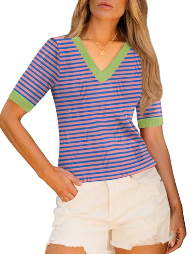 Image of Zeagoo Womens Short Sleeve Sweaters Soft Casual V Neck Pullover Tops Lightweight Knit Sweater Blouse