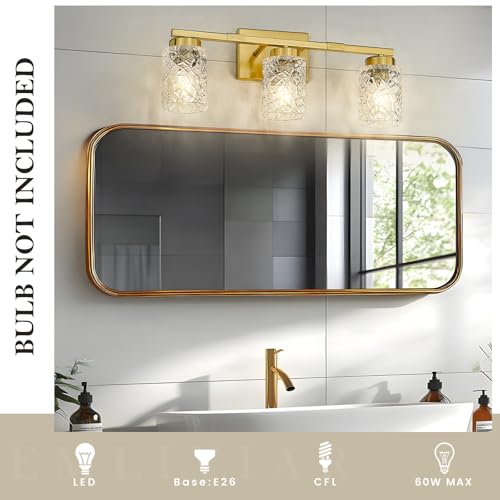 Emliviar 3-Light Brushed Gold Bathroom Vanity Light Fixture, 3 Bulb Wall Lamp Over Mirror 22 Inch, Clear Geometric Glass, HE294B-3W BG by Emliviar - Image 4