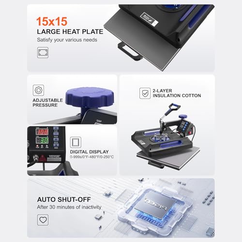 Image of VEVOR 5 in 1 Heat Press Machine, Heat Transfer Machine with 30 oz Tumbler Press, 15 x 15 inch, 360 Swing Away T-Shirt Pressing, Fast Even Heating, for T-Shirts /Mugs /Plates /Hats, Black+Blue
