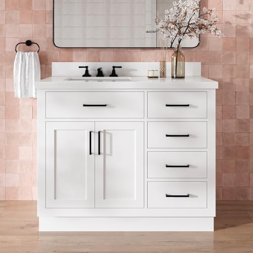 DKB Isabella 42-Inch White Single Bathroom Vanity with Left Rectangular Undermount Sink, 1.5-Inch Pure White Quartz Countertop, Solid Wood Frame, 2 Soft Closing Doors, 5 Dovetail Drawers, Toe Kick