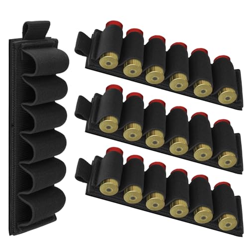 4 Packs 6 Rounds Shotgun Shell Holder 12/20 Gauge Shotgun Side Saddle Carrier Molle Buttstock Shotgun Card with Adhesive Back Sticker, Shotgun Shells Holder Loops