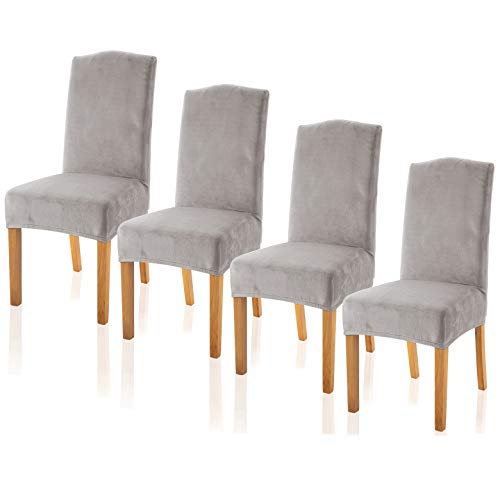 TIANSHU Velvet Chair Covers for Dining Room Set of 4, Soft Plush Dining Chair Slipcover, Stylish Removable Dining Room Chair Cover, Non-Slip Kitchen Chair Covers (4 Pack, Light Gray)