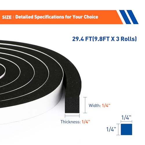 Image of MAGZO Weather Stripping Door Seal, 1 /4 Inch Wide X 1 /4 Inch Thick Adhesive Foam Tape Soundproof Weatherstripping for Windows, 3 Rolls Total 29.4FT Black