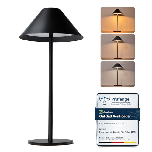 Bojim Lámparas de Mesita Noche Sin Cable LED USB Recargable Exterior Autonomía 10d, Lampara Sobremesa Bateria Inalambrica Home Tactil Lamps Mesa Interior Portatil Luz Jardin IP54 Negra