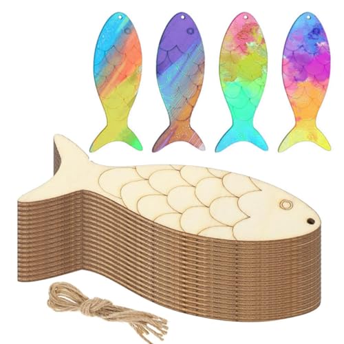 30 Stück Fische Deko Fischornament Aus Holz Mit Hanfseil Bemalbares Holzschild In Fischform Einfärbbar unfertige leere Holzschilder für Zum Bemalen Von Diy Ozean Tier Thematische Party.