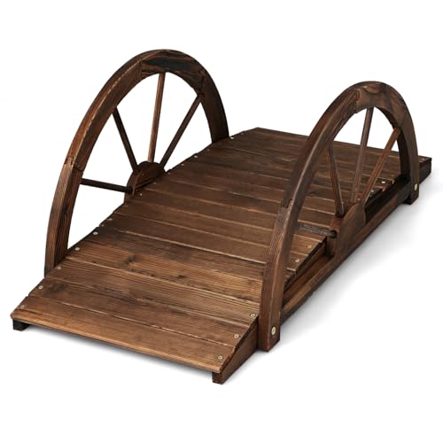 SOARS - SOARS Pont Jardin en Bois de Sapin Carbonisé - avec Garde-Corps en Demi-Roue - Charge Maximale 75 KG - 101 X 48,5 X 38 CM - Pont Décoratif Accessible - Decoration Jardin, Étang, Ruisseau