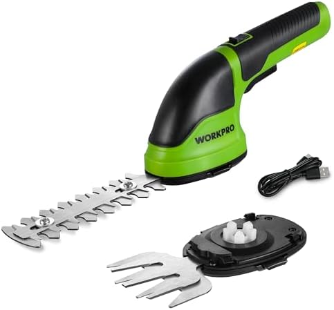 WORKPRO Gartenschere 3,6 V – Handliche elektrische Gras- und Strauchschere mit 2 Messern