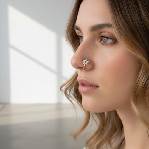 Image of Nilu's Collection Rose Gold American Diamond Non Piercing Nose Pin for Women | Elegant Flower Nose Stud | Minimal Clip-On Nose pin | Anti-Allergy | Anti-Tarnish | Office Wear | Daily Wear | office Wear | Non Piercing