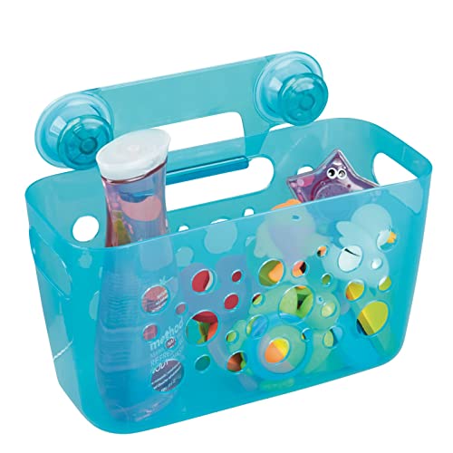mDesign Hanging Plastic Bath Toy Holder and Organizer - Suction Cup Bathtub or Shower Caddy - Storage Bin Basket for Bathroom Organization - Bath Toy Strainer Bucket for Quick Drying - Aqua Blue