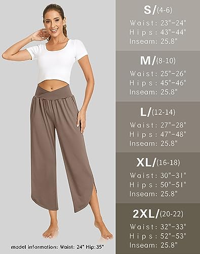 Image of TARSE Women's Wide Leg Yoga Pants Cross High Waist Flowy Split with Pockets | Comfy Lightweight Stretch, Flare Hem Cropped, Loose Dance Pants, Travel & Lounge, Everyday Casual Wear