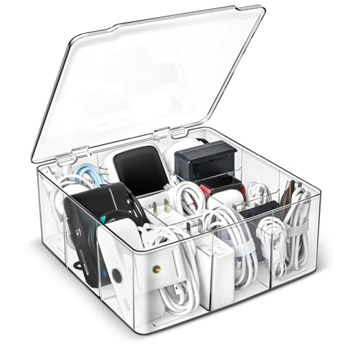 Charger and Cable Organizer Box with 10 Wire Ties, Adapter Storage Box, Plastic Charger Cable Cord Storage Organizer