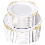 Joyido 200PCS White and Gold Plastic Plates - Gold Disposable Plates - Gorgeous Wedding Plate 10inch Dinner & 7.25inch Dessert Plate for 100 Guests for Wedding & Party
