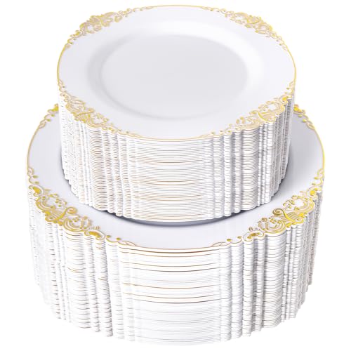 Joyido 200PCS White and Gold Plastic Plates - Gold Disposable Plates - Gorgeous Wedding Plate 10inch Dinner & 7.25inch Dessert Plate for 100 Guests for Wedding & Party