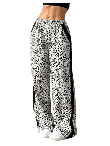 Floerns Women's Elastic High Waisted Leopard Print Straight Leg Y2k Pants with Pocket