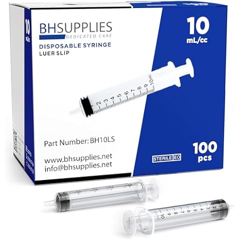BH Supplies 10ml Luer Slip Tip Syringes (No Needle) - Sterile, Individually Wrapped - 100 Syringes Cover
