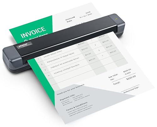 The Plustek S410 Plus, a black sheet-fed scanner with a slim, portable body
