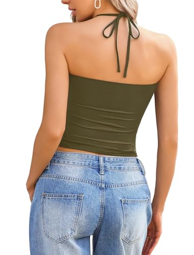 Image of Avidlove Halter Tops for Women Going Out Double Lined Sexy Crop Tank Top Ruched Slim Fit Cami Y2K Outfits Womens Summer Tops