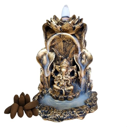 Incensário Cascata e Vareta Lord Ganesha no Lírio + 10 Incensos Cone Backflow fumaça invertida