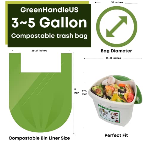 Green Handle US BPI certified 3 Gallon 1.00 Mil = 25 mic Compostable Handle Tie Kitchen Compost Bin Liner Trash Bag | Food Waste Scrap | California SB 1383 ASTM D6400 Europe OK Home Seedling (25)