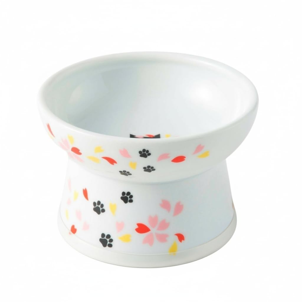 Necoichi Raised Cat Food Bowl – Ceramic Elevated Cat Bowl for Whisker & Neck Fatigue, Dishwasher Microwave Safe – Non-Slip & Anti Vomiting Ergonomic Design (Sakura Floral, Regular, 1-Cup Capacity)