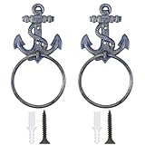 Otoolling 2 Pcs Nautical Towel Ring Cast Iron Anchor Hand Towel Holder Vintage Decorative Wall Mount Kitchen Bathroom Hanger for Ocean Nautical Bathroom Decor Accessories(Sky Blue)
