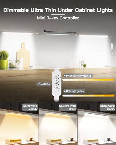Image of Daymeet Dimmable 12 Inch Ultra Thin Under Cabinet Lighting, Under Cabinet Lights Plug in, Multi-Color Super Bright LED Lights Bar Under Counter Lights Indoor for Kitchen, Shelf, Closet, Desk (3 Pack)