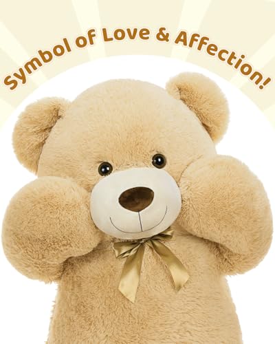 Image of MaoGoLan Giant Teddy Bear Stuffed Animal, 52 inch Large Tan Teddy Bear Plush Toy with Cute Bow Tie & Footprints, Soft Sunggle Bear Plushies Gift for Kids Grilfriend Wife on Christmas Birthday Baby Shower