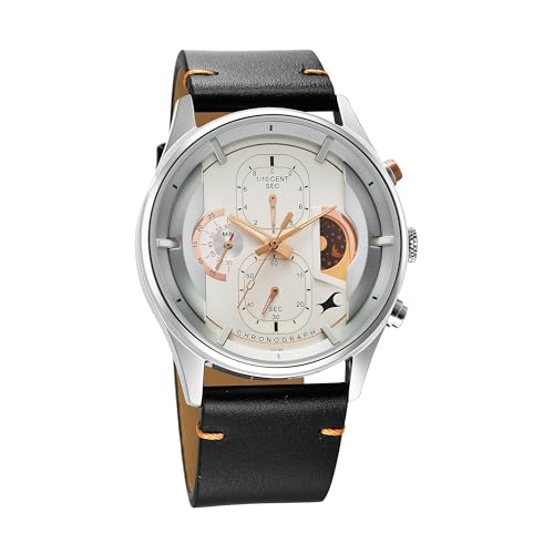 Image of Fastrack Opulence Quartz Chronograph Silver Dial Black Leather Strap Watch for Guys - NT3315KL02