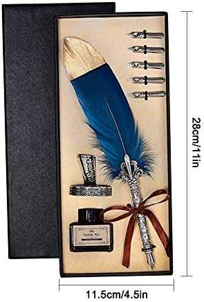 IWILCS Quill Pen, Antique Dip Feather Pen Set, Calligraphy Pen Set with 5 Stainless Steel Nibs in, Empty bottle, Pen Holder,Gift for Birthday Christmas (Dark Blue)