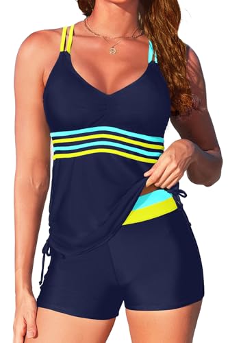 Image of Tempt Me Two Piece Tankini Swimsuits for Women Tummy Control Bathing Suit with Shorts Athletic Swimwear
