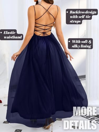 Image of ShawGobow Tulle Prom Dress with Slit,Sequin Backless Long Flowy Dresses for Women,Sexy Sparkly Outfits Homecoming Wedding