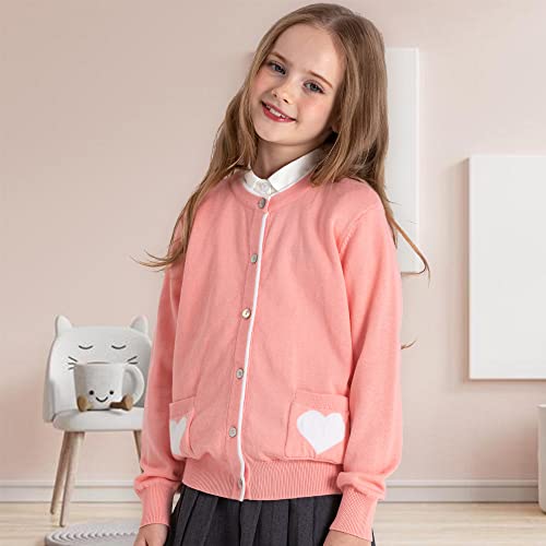 Kid Nation Girls Cardigan 100% Cotton Cute Sweaters For Toddler Teen,Heart Pockets Crew Neck Long Sleeves,Pink 3-4T #TOP4