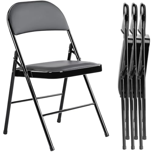 DUMOS 4 Pack Leather Padded Folding Chair, Indoor Outdoor Portable Stackable Commercial Seat with Steel Frame, Capacity for Home, Office, Party, Comfy, Black