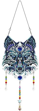 QIDHJH Diamond Art Suncatcher, DIY Wind Chime Diamond Painting, Diamond Painting Hanging Ornament Animal for Home Garden Decoration Gift (Wolf)