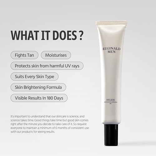 Image of Reginald Men SPF 50+ PA++++ Sunscreen (50g) | In-Vivo Tested | Broad Spectrum UVA /UVB Protection | Brightening & Hydrating | Lightweight, Oil-Free & Non-Sticky | Daily Sun Protection for Men (Pack of 1,50g)