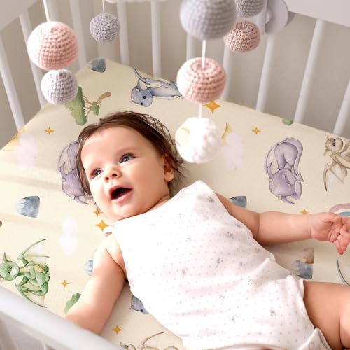 Image of Mindsoft 2 Pcs Watercolor Dragon Crib Sheet Set 52 x 28 x 8 Inches Fit for Standard Crib Toddler Mattress Newborn Gifts for Girl Boys, Breathable Soft Baby Sheet