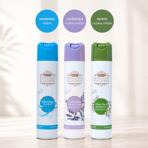 Image of Next Care English Leather Air Freshener Spray 220ml | Long Lasting Room Freshener for Home, Office & Car | Odour Eliminator (Morning, White Floral & Lavender)