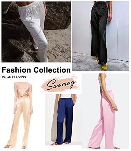 Swomog Women's Silk Satin Pajama Pants Longs Silky Sleep Pants Loungewear Pj Bottoms Soft Nightwear Trousers Elastic Waist Lounge Pj Bottoms #TOP3