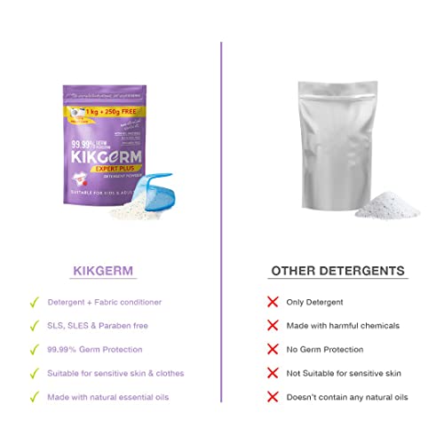 KIKGERM Plant Based Laundry Detergent Powder With Fabric Conditioner (1.25 Kg) 1 Kg + 250gm - Natural, Eco-friendly, Non-toxic, Biodegradable - Kids Safe, Skin Safe, Pet Safe - Tough Stain Remover