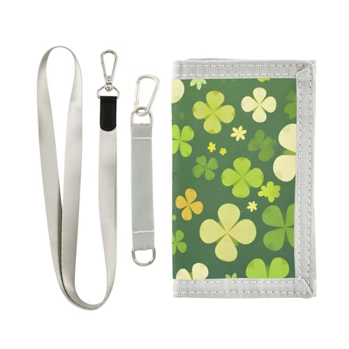 Green White Clover Durable Nylon Fabric Wallet for Boys and Girls - Multi-Functional with 2 Clear Pockets, Zipper Coin Compartment, 3 Card Slots & Keyring