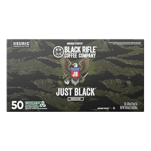 Black Rifle Coffee Company Just Black, 50 Count, Medium Roast K Cups - Single Serve K Cups Coffee Pods - Kcup Pods Compatible with 1.0 & 2.0 - Made from Arabica Beans