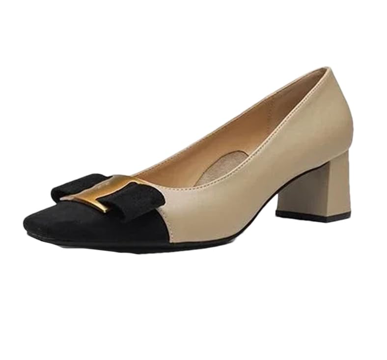 Women's Luxury Casual Metal Decoration Leather Shoes Chunky Heels Square Toe Heels Pumps