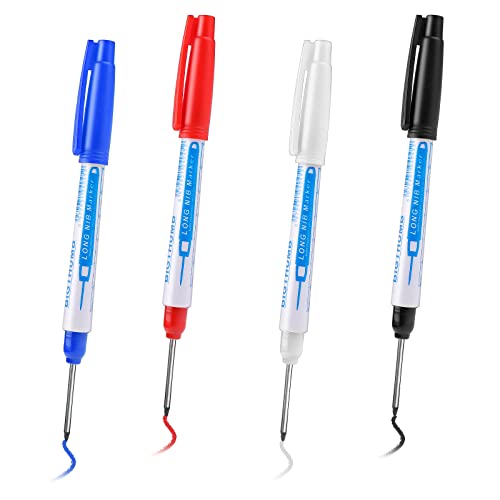 Prasacco 4 Pieces Long Head Deep Hole Marker, Long Nose Marker Waterproof Carpenter Ink Marker Pens Reach Permanent Markers Colorful Carpenter Pen for Bathroom Woodworking Hardware Decoration